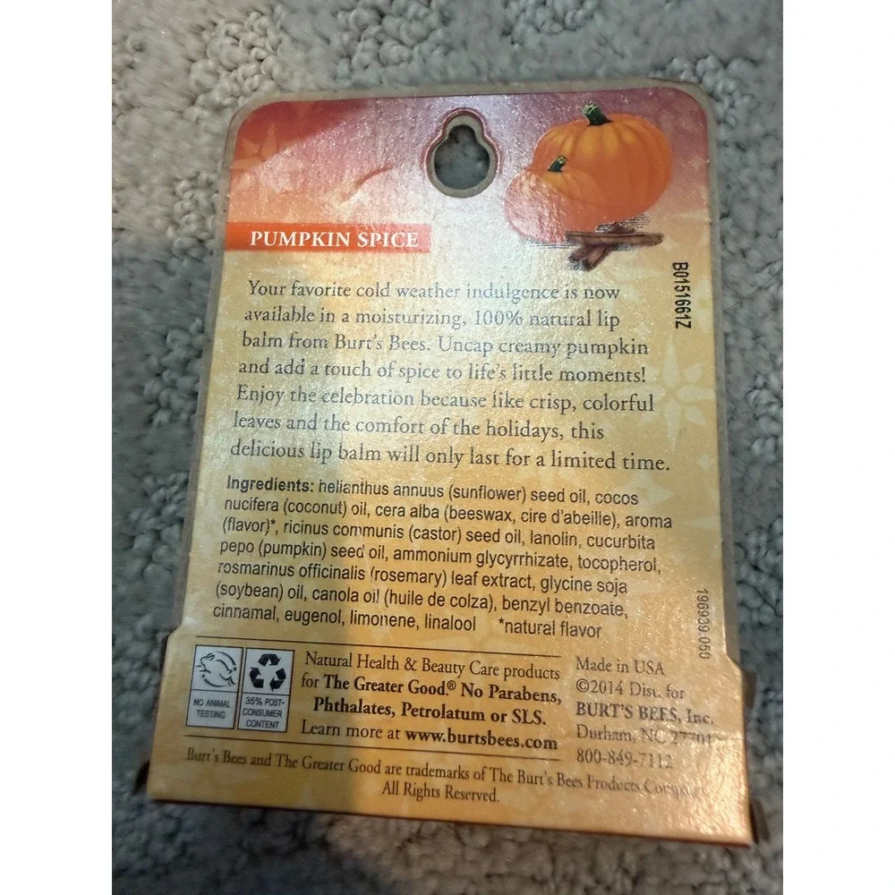 Burt's Bees Pumpkin Spice Lip Balm Limited Edition 100% Natural Moisturizing